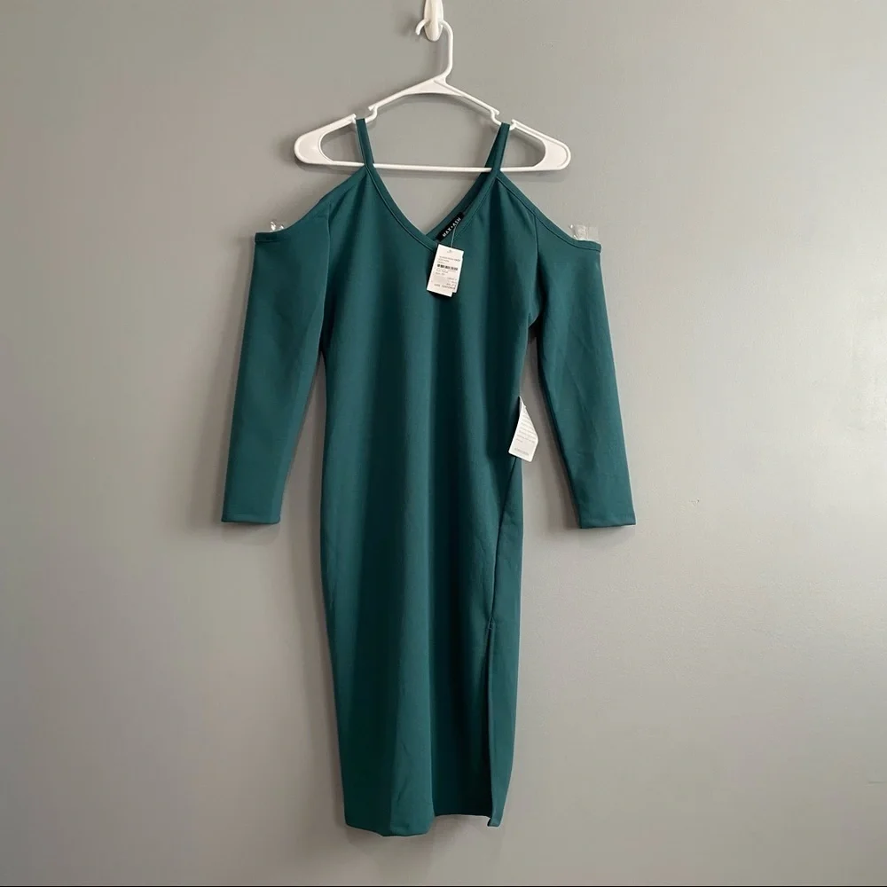 Max+Ash Cold Shoulder Long sleeves Sheath Dress with Slit In Emerald Green Sz M